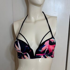 PINK Victoria's Secret Deep V Black and Pink Bikini Top Size XS